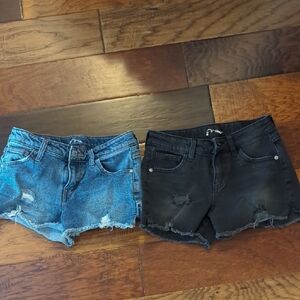 Blue and Black Distressed Denim Shorts
